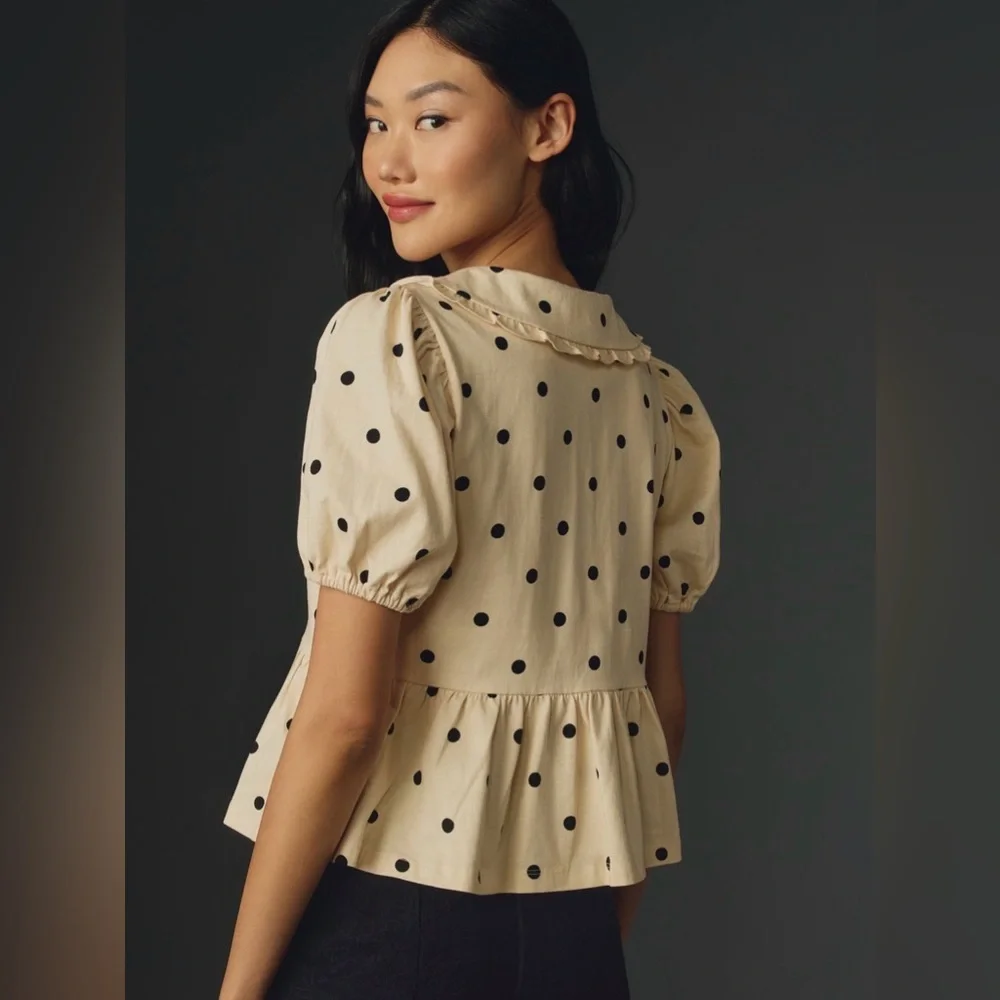 Anthropologie Beige Polka Dot Ruffle Collar Blouse